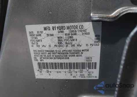 2007 Ford Edge Sel from USA, damaged, VIN 2FMDK38C87BB50308
